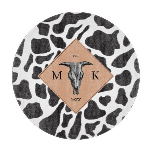 Planche À Découper Motif animal noir et blanc Vache tache Monogramme (Devant)