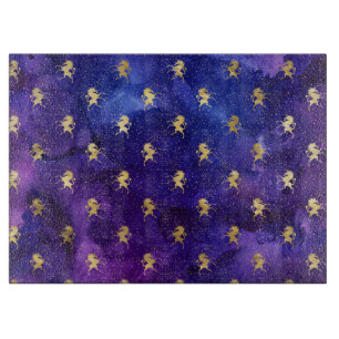 Planche À Découper Motif aquarelle violet avec licorne dorée