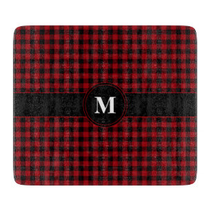 Planche À Découper Motif carreaux rouge monogramme moderne