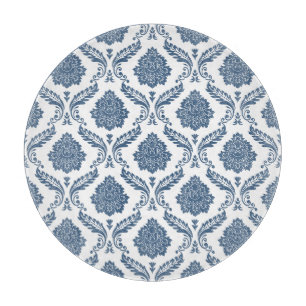 Planche À Découper Motif Damassé Rococo Bleu sur Fond Blanc