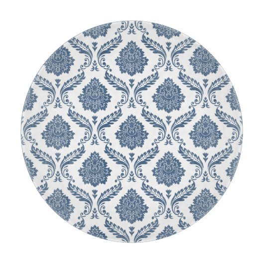 Planche À Découper Motif Damassé Rococo Bleu sur Fond Blanc (Devant)