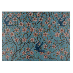 Planche À Découper Motif de l'hirondelle florale rétro bleu par Walte
