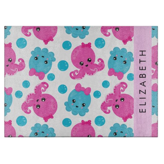 Planche À Découper Motif de pieuvre, Pieuvre mignonne, Mer, Votre Nom (Devant)