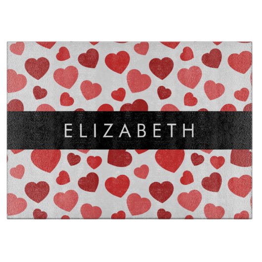 Planche À Découper Motif Des Coeurs, Coeurs Rouges, Votre Nom (Devant)