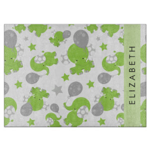 Planche À Découper Motif Des Eléphants Verts, Étoiles, Votre Nom