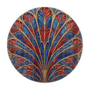 Planche À Découper Motif éventail paon orné rouge bleu or royal
