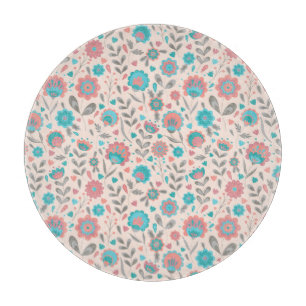 Planche À Découper Motif floral d'art populaire turquoise et de