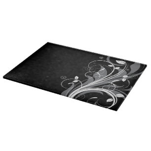 Planche À Découper Motif floral gris sur le noir