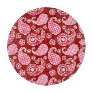 Planche À Découper Motif Paisley, rouge foncé, rose et blanc
