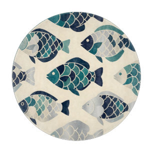 Planche À Découper Motif répétitif de poissons stylisés bleu sarcelle