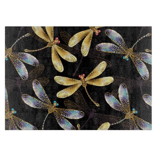 Planche À Découper Motif sans couture avec libellules d'or (Devant)
