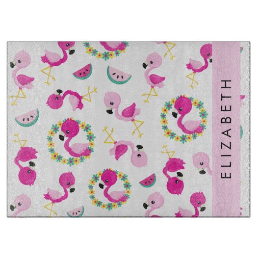 Planche À Découper Motif tropical, Flamants roses, Fleurs, Votre Nom (Devant)