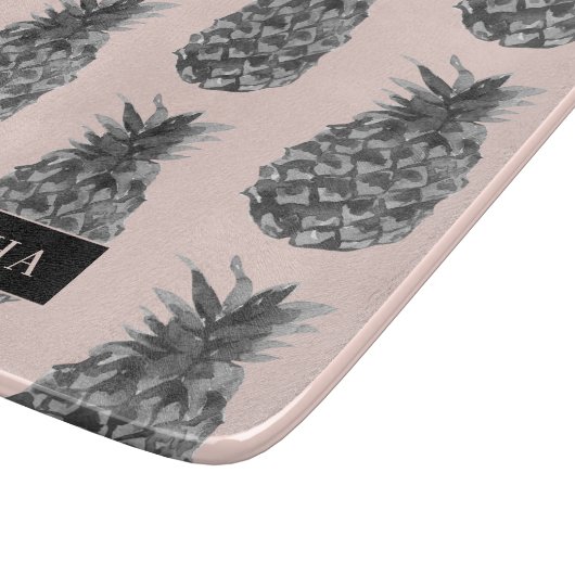 Planche À Découper Motif Tropical Grey & Rose Ananas Avec Nom (Coin)
