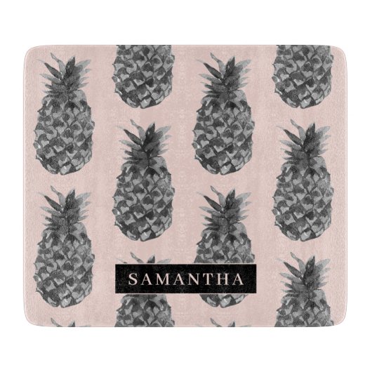 Planche À Découper Motif Tropical Grey & Rose Ananas Avec Nom (Devant)
