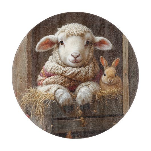 Planche À Découper Moutons et lapin douillets en Grange avec Fleurs (Devant)