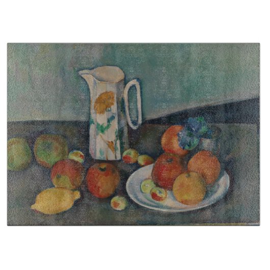 Planche À Découper Nature morte, Pot à lait et fruits sur une table,  (Devant)