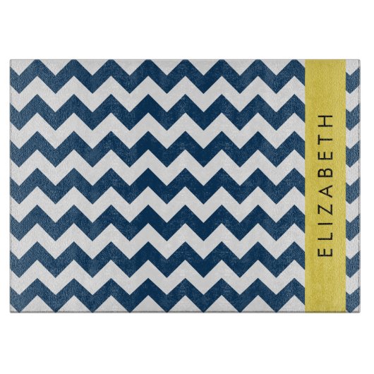 Planche À Découper Navy Blue Zigzag, Navy Blue Chevron, Votre nom (Devant)