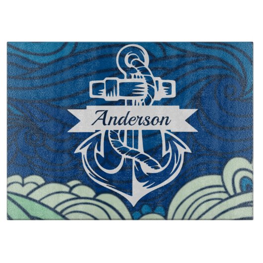 Planche À Découper Navy Waves Beach House Cutting Board Ancre et nom (Devant)