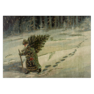 Planche À Découper Noël vintage, Père Noël portant un arbre