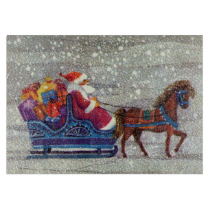 Planche À Découper Noël vintage, Père Noël traîneau ouvert à cheval