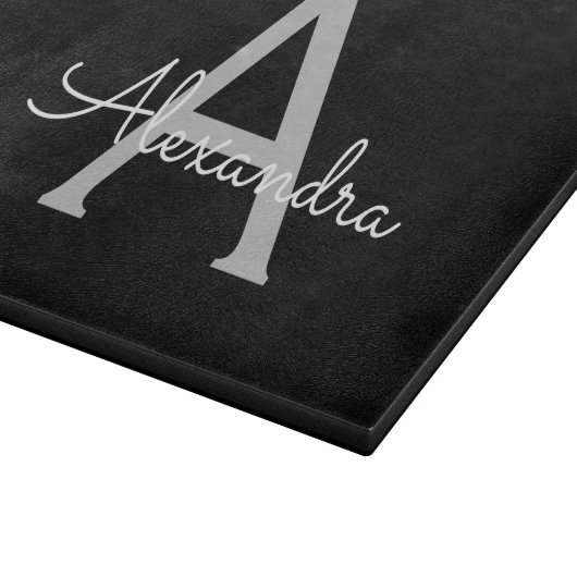 Planche À Découper Noir Argent moderne Script Girl Monogramme Nom (Coin)