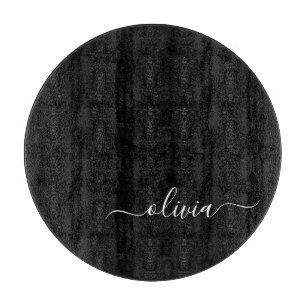 Planche À Découper Noir Blanc moderne Script Girl Monogramme Nom