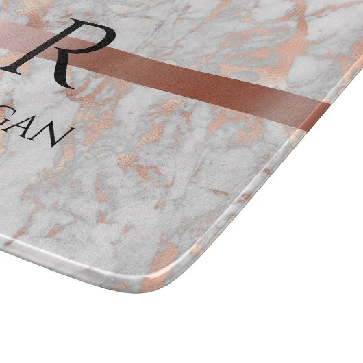Planche À Découper Noir Nom & Monogramme, Blanc & Rose Marbre Or (Coin)