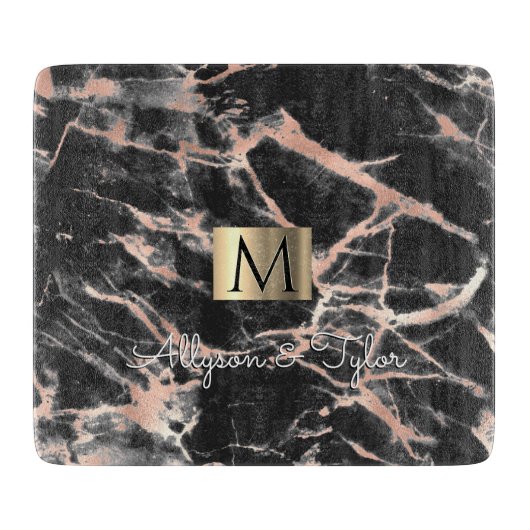 Planche À Découper Noir & Rose Gold Marble Boîte, Nom & Monogramme (Devant)