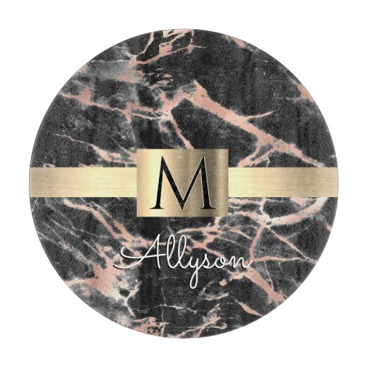 Planche À Découper Noir & Rose Gold Marble Boîte, Nom & Monogramme (Devant)