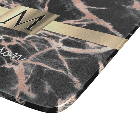 Planche À Découper Noir & Rose Gold Marble Boîte, Nom & Monogramme (Coin)