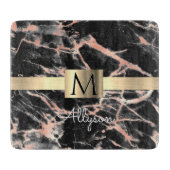 Planche À Découper Noir & Rose Gold Marble Boîte, Nom & Monogramme (Devant)