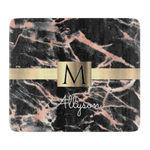 Planche À Découper Noir & Rose Gold Marble Boîte, Nom & Monogramme