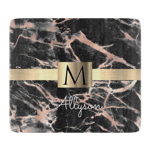 Planche À Découper Noir & Rose Gold Marble Boîte, Nom & Monogramme (Devant)