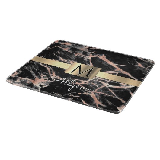 Planche À Découper Noir & Rose Gold Marble Boîte, Nom & Monogramme (Coin)
