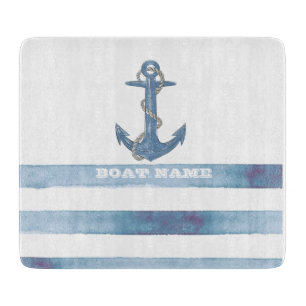 Planche À Découper Nom de bateau nautique, Ancre, Corde, Rayures bleu