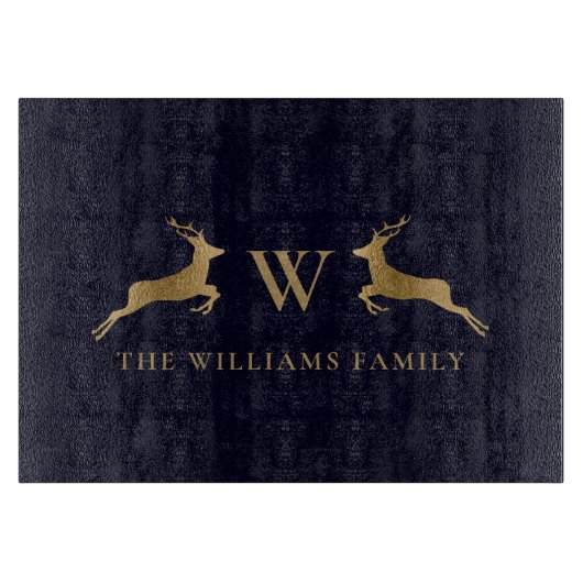 Planche À Découper Nom de famille Monogram Gold Deer Kitchen Navy (Devant)