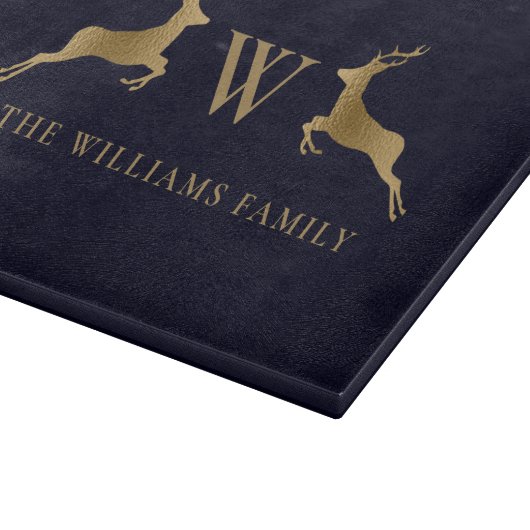 Planche À Découper Nom de famille Monogram Gold Deer Kitchen Navy (Coin)