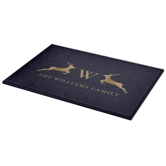 Planche À Découper Nom de famille Monogram Gold Deer Kitchen Navy (Coin)