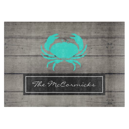 Planche À Découper Nom du monogramme de crabe bleu Turquoise rustique (Devant)