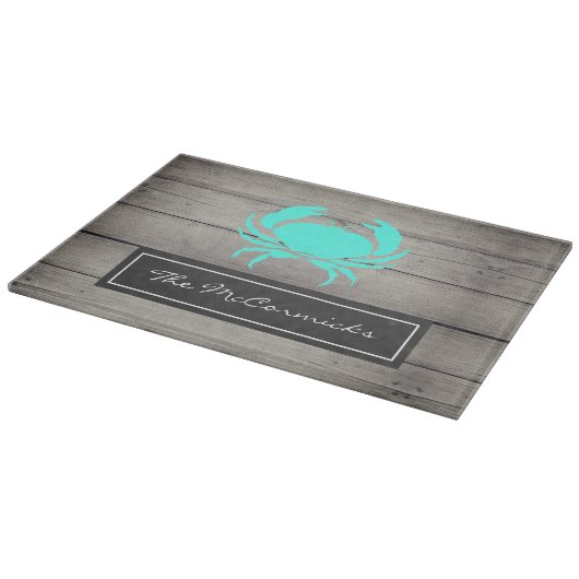 Planche À Découper Nom du monogramme de crabe bleu Turquoise rustique (Coin)