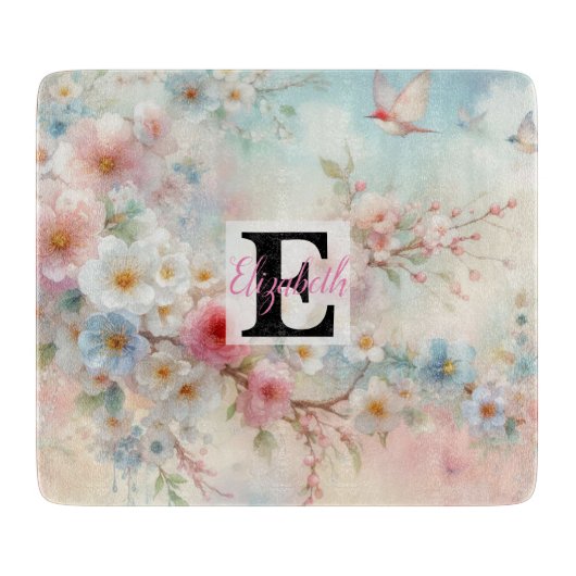 Planche À Découper Nom du monogramme sur l'aquarelle Fleurs dans les  (Devant)