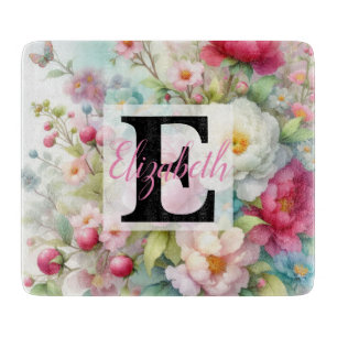Planche À Découper Nom du monogramme sur l'aquarelle Fleurs en pastel