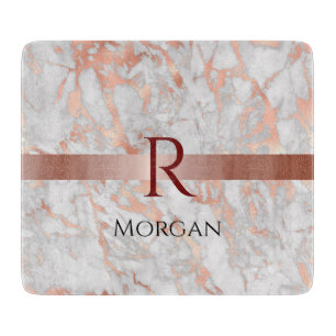 Planche À Découper Nom et monogramme, marbre blanc et or rose