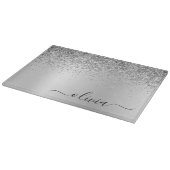 Planche À Découper Nom Féminin Pailleté Noir Argent Script Monogramme (Coin)