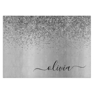 Planche À Découper Nom girly argent noir paillettes écriture monogram