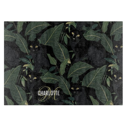 Planche À Découper Nom monogramme du motif de panthère noire moderne (Devant)