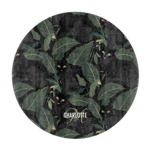 Planche À Découper Nom monogramme du motif de panthère noire moderne (Devant)