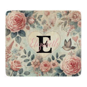 Planche À Découper Nom monogramme vintage romantique cœurs floral ros