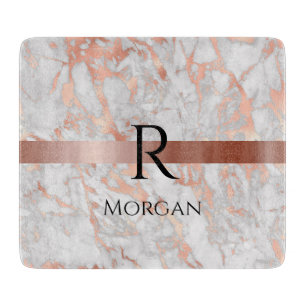 Planche À Découper Nom noir & monogramme, marbre blanc et or rose