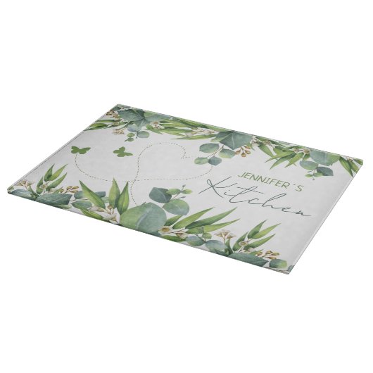 Planche À Découper Nom personnalisé Feuilles d'aquarelle verte (Coin)